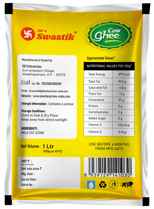 Back of a yellow Swastik branded 1 Liter pouch of Cow Ghee, showing manufacturer details, nutritional values, ingredients, and a barcode on a plain white background.