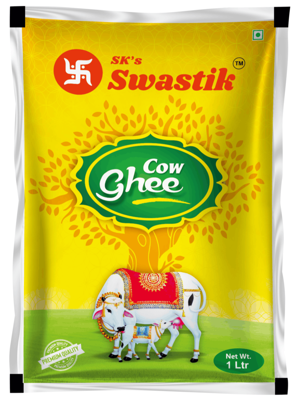A 1-liter bag of SK's Swastik Cow Ghee, featuring a bright yellow packaging design with a green central label, a red swastik symbol, and an illustration of a decorated cow and calf on a green field background.