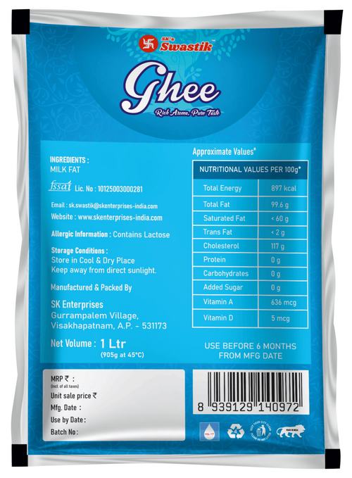 Back of a blue Skvostik Ghee 1-liter pouch showing product information, nutritional facts, barcode, and storage instructions on a white background.