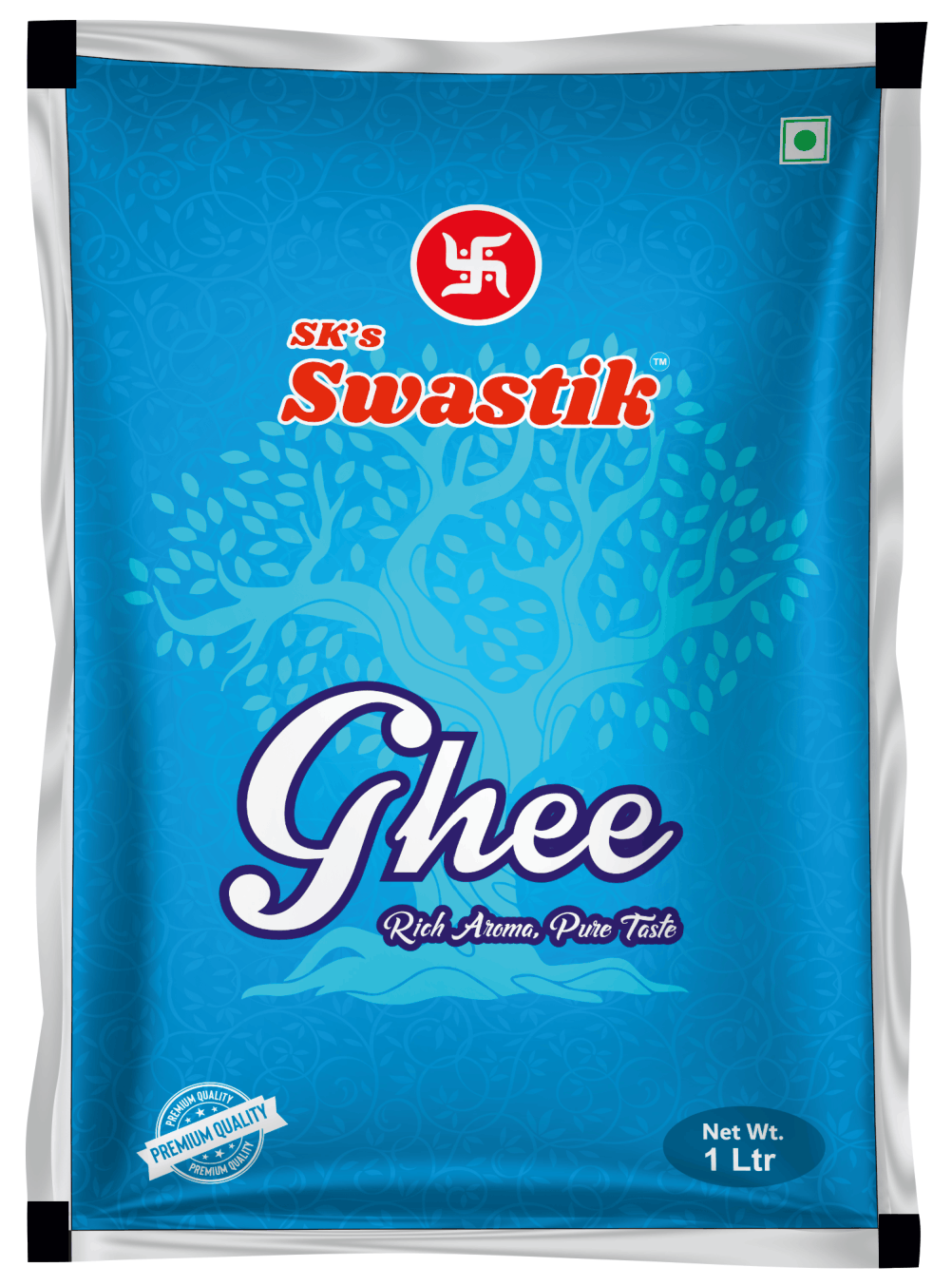 A 1-liter bag of SK's Swastik Ghee, featuring a bright blue packaging design with a stylized tree graphic, the red and white Swastik logo, and white and red text.