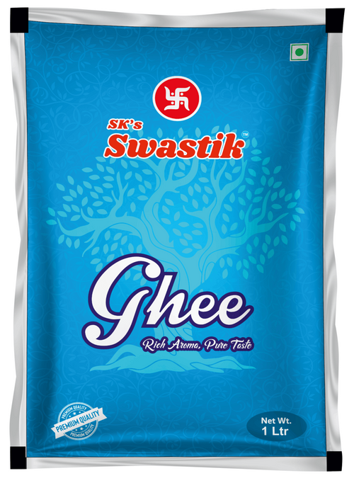 A 1-liter bag of SK's Swastik Ghee, featuring a bright blue packaging design with a stylized tree graphic, the red and white Swastik logo, and white and red text.